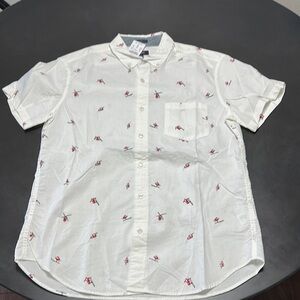 J Crew White Short Sleeve Shirt with Red Santa’s